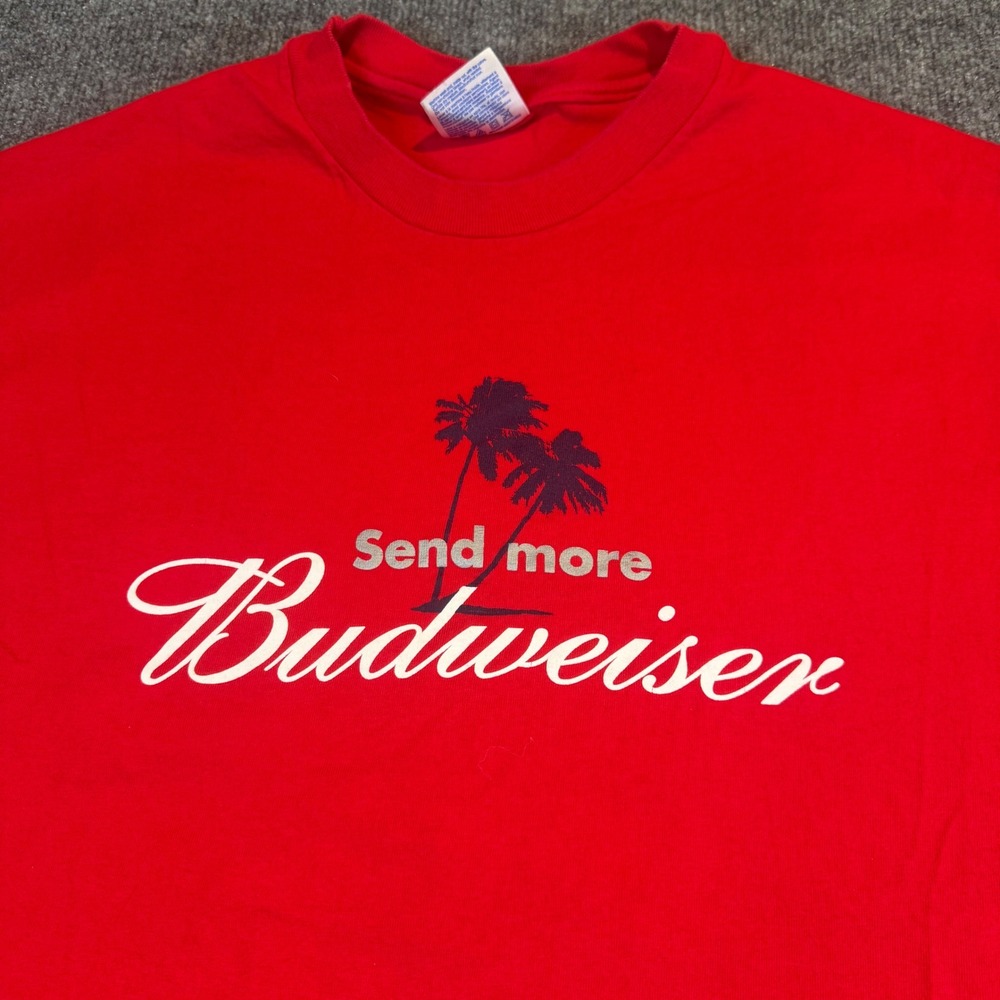 Vintage Y2K Send More Budweiser T-Shirt Mens Large Red Palm Trees Graphic